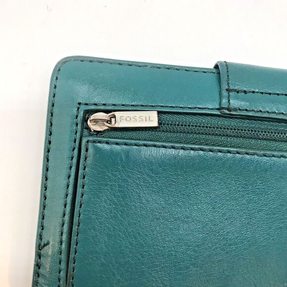 Fossil  Pebbled Leather Wallet Teal Green Bi-fold Zipper Pocket ID CC Cash Snaps - Picture 6 of 11